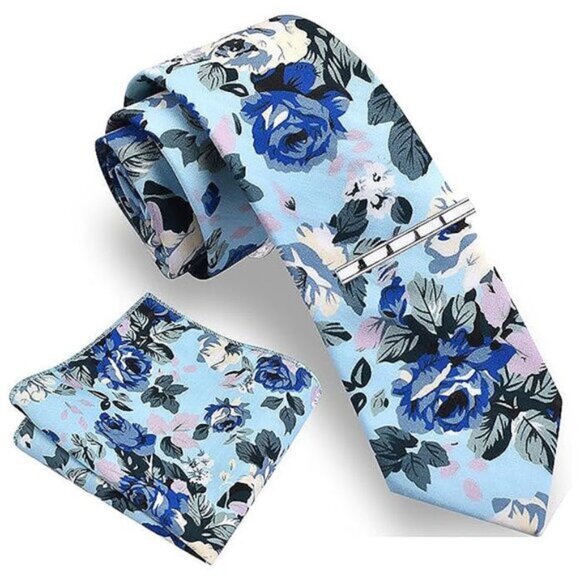 Floral Printed Necktie Tie Clip Pocket Square Sets Blue 01 - Picture 1 of 5